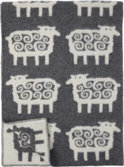 Klippan Yllefabrik Plaid Deken Sheep Schaap Lamswol Antraciet-wit Met Schapen 180 X 130 Cm